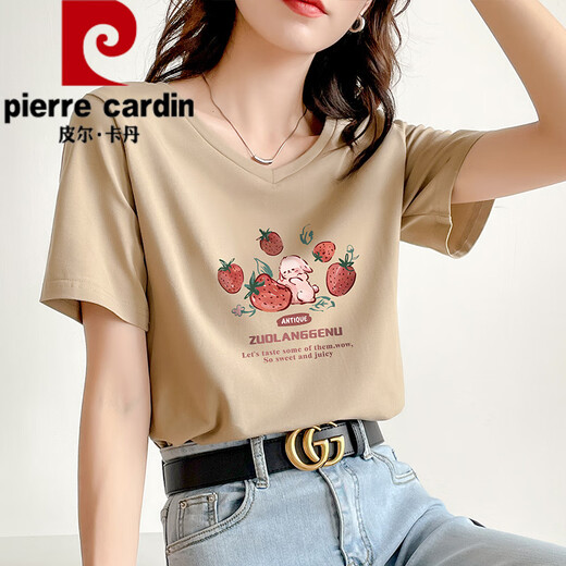 皮尔卡丹（pierre cardin）卡其色t恤女2025新款夏季短袖纯·棉正肩体·恤设计感兔子v领显瘦 卡其色 723 S