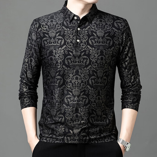 HUALIN FASHION长袖印花衫男士春秋薄款潮流休闲爸爸装恤 T9889长袖 黑色 M 165/95-115斤
