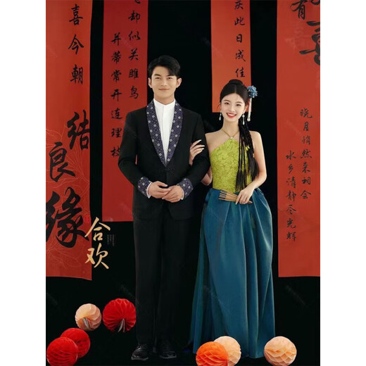斯睿霖新款影楼情侣主题新中式喜嫁风婚纱照服装新娘晨袍敬酒晚宴礼服 单件女装礼服 均码