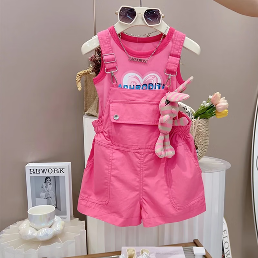 荣西图（RONGXITU）女童夏日多巴胺穿搭韩系背带裤套装2025 单件-粉色背带裤 120