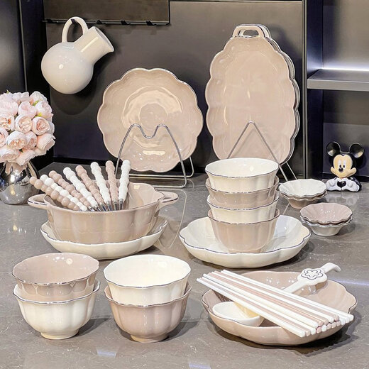 Beibao Jiaogan bowl and dish set household ceramic plate underglaze colored tableware bowl plate light luxury rice bowl bowl utensil gold pattern 4-6 people food gift box 1355 0 heads