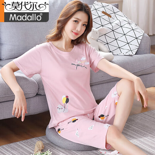 莫代尔100%纯棉睡衣女夏季短袖七分裤两件套装宽松大码可外穿家居服 短袖七分裤:LG6623 M 建议70-95斤穿