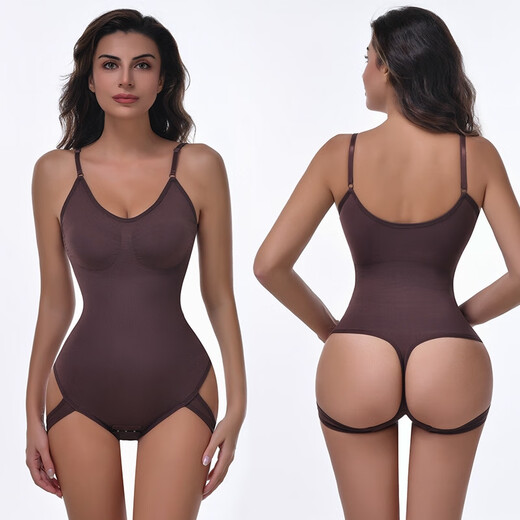 Seamless tight-fitting hollow body shaping women's tummy control suspender transvestite underwear corset thong men's jumpsuit coffee XL
