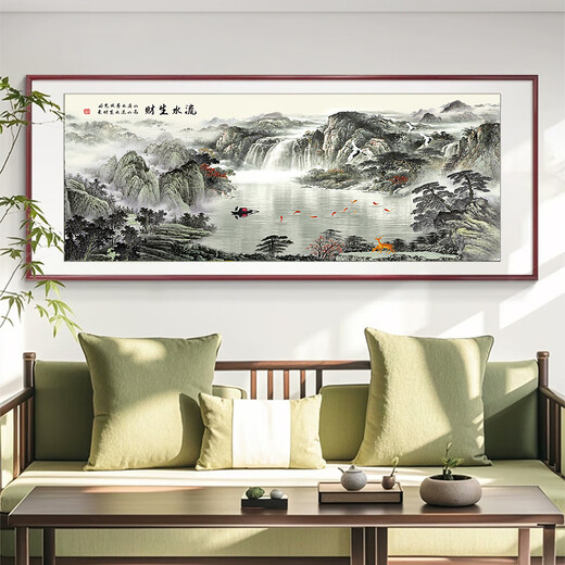 弥锦纯手绘字画名人手工真迹高档挂画办公室背景墙山水聚宝盆客厅装饰 CT-1656-背有靠山 手绘+有机玻璃+红实木框180*80