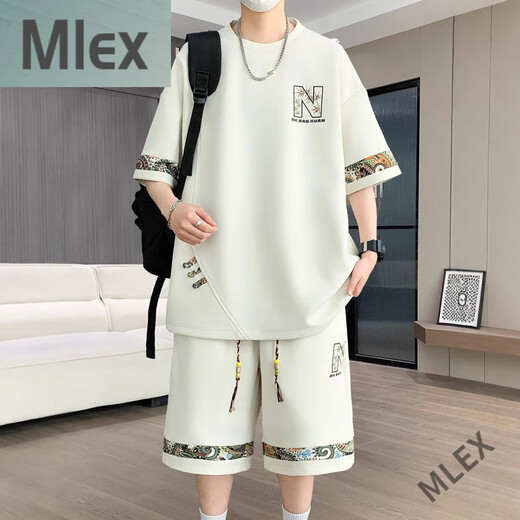 MLEX Lingyue Men's Clothing Store 2025 Summer New Casual Sports Set Men's Fashion and All-match Two-Piece Set White (YYW6195) M [80-100Jin[Jin equals 0.5 kg]]
