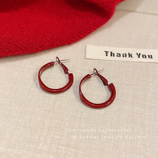 New Year's Eve Ankora Red Drop Glaze Earrings Light Luxury High-end Earrings Niche Temperament Earrings Autumn and Winter Earrings for Women Burgundy Plain Hoop Earrings One Pair