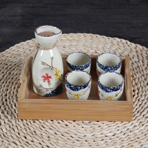 Retro old-fashioned ceramic sake pot, wine cup, wine warmer set, household wine divider, white wine cup, spirit cup with tray, Pinlian 6 two pots with 6 cups + wine warmer + tray. Collect