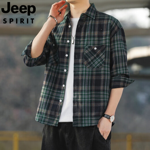 JEEP SPIRIT吉普复古格子长袖衬衫男春秋季2025新款宽松韩式工装衬衣外套潮 K12108白色 M