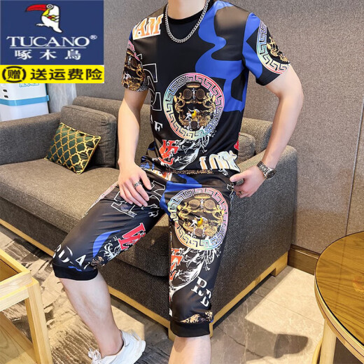 啄木鸟欧货短袖男装夏季潮牌潮流高端冰丝速干t恤男士穿搭一整套装痞帅T 829卡其色套装 XL