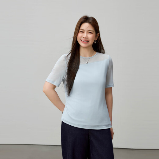 纤莉秀【设计感压褶圆领百搭莱赛尔T恤】大码女装胖mm2025夏新款1396 浅蓝色 6XL