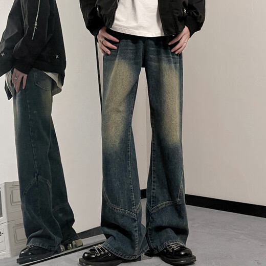 迪伽达牛仔裤男美式复古高街潮牌做旧设计感拼接渐变水洗微喇显瘦直筒裤 JSH-M774蓝色 XL
