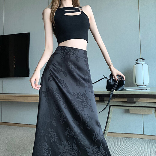 
Mu Yilin [2694 collections] New Chinese satin skirt for women in spring and autumn high waist slim skirt mid-length style dark temperament black M