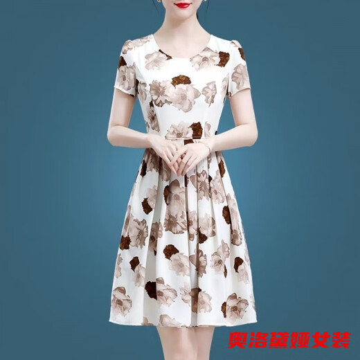 Olodya's small ice silk dress for mothers aged 40 to 50 looks slim and short-sleeved summer temperament floral skirt Ice silk 9904 skirt 5XL recommended to wear 165-180