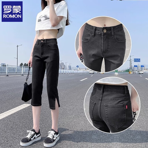 
Romon Cropped Jeans for Women in Summer 2025 New High Waist Slim Small Small Black and Fat mm Slit Large Size Straight Mid-Level Pants 6189 Black Gray XL Recommended 115-130Jin [Jin equals 0.5 kg]