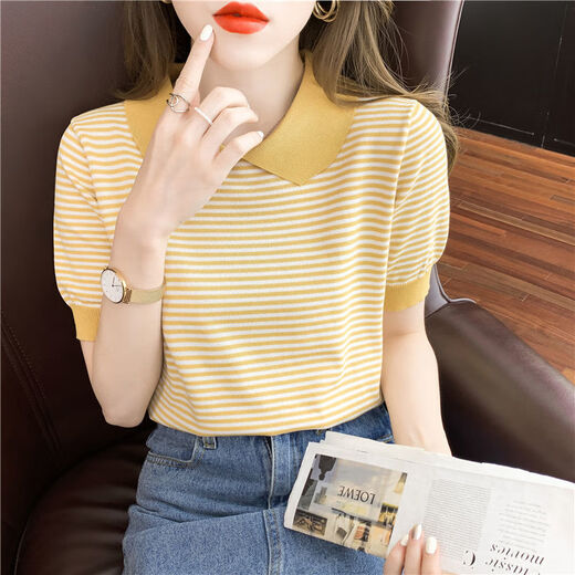 酷章（KUZHANG）条纹娃娃领短袖女2025夏季新款冰丝针织衫薄款T恤小个子减龄上衣 dx691#黄色 S  建议80-100斤