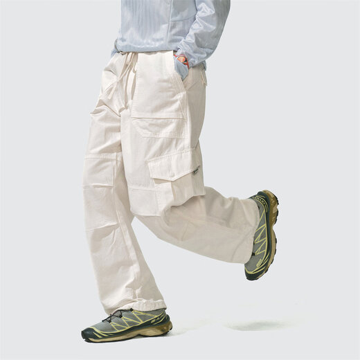 Instant Monterest Mountain Outdoor Loose Drawstring Straight Working Pants Paratrooper Pants Casual Trousers Women Ivory White S (WS)