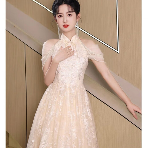 盛妙慈晚礼服订婚新款主持人宴会气质高端敬酒中式旗袍 香槟色 S