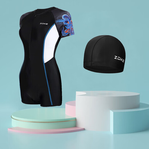 Zhouke's new one-piece swimsuit for women, boxer angle slimming sun protection training swimsuit, black swimsuit + knitted swimming cap_swimming cap default black M