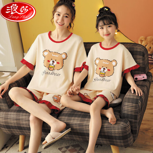 浪莎（LangSha）亲子母女睡衣纯棉夏季薄款短袖可爱卡通网红小女孩女童家居服套装 6624【纯棉 单套的】 M 16码135-145c70斤左右