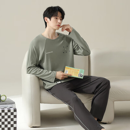 
Yu Zhaolin's new men's pajamas autumn and winter 100-skinny comfortable round neck pullover long sleeve trousers home clothing set casual and can be worn outside 16778 L 170/L