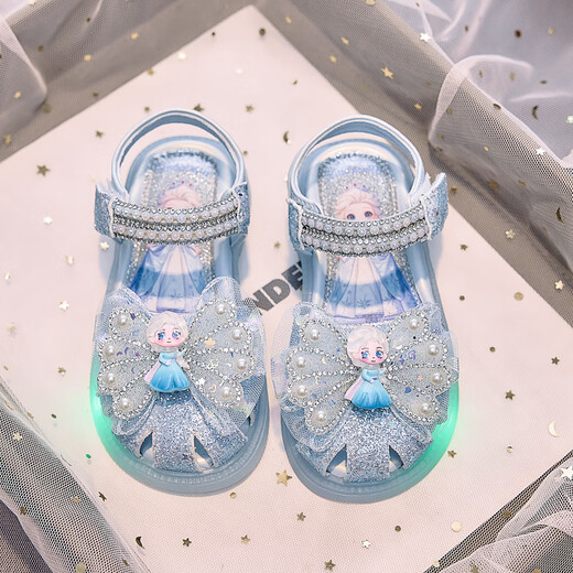 JIEMIEN Lighted Baotou Girls Sandals Crystal Shoes 2025 Summer New Elsa Princess Shoes Soft Sole Anti-Slip Baby Shoes D28. Blue 27 Shoe Inner Length 16.9CM