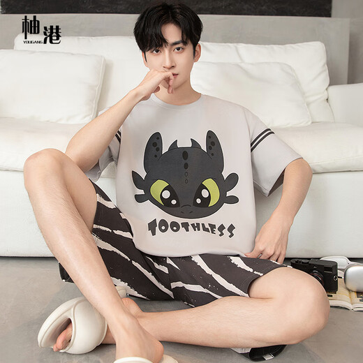 
Yougang pajamas for men in summer short-sleeved pure cotton thin style for teenagers in summer can wear outside and add fat to increase the size of men's home clothes. 1517 L (170cm recommended weight 110-135)