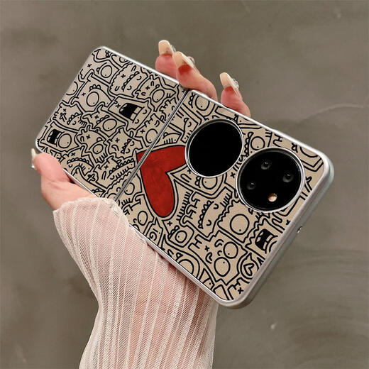 Convient pour Huawei P50pocket Téléphone mobile Pocket2 Écran de pliage Écran de protection Carton Amour Pockets Set Silver Oil Edge Edge peint à la main Black and White Striped Striped 9766 Huawei P50POCKETS