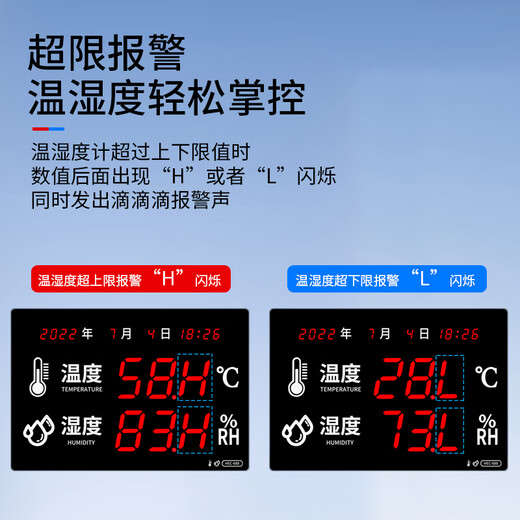 溥畔新品大屏幕LED工业级高精准温湿度计仓库车间带报警显示仪时钟 HEC-688 B款(60*40厘米)