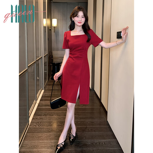 
Halo Queen red short-sleeved dress for women summer French square collar engagement dress vacation red skirt H52Q024