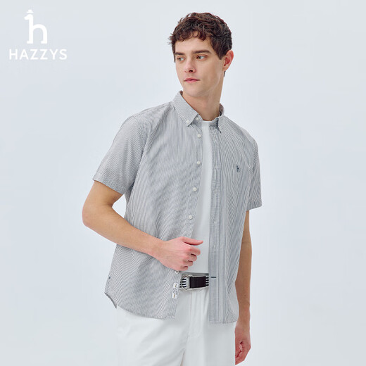 HAZZYS Men's Summer Men's Shirt Classic Striped Seersucker Short-Sleeved Shirt Men's ATCZK1CBK51 Navy Blue NV L (175/96A 48)