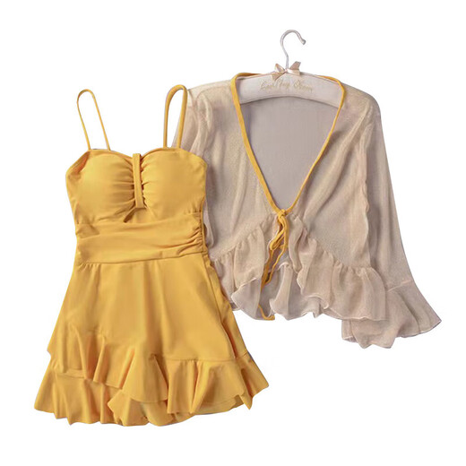 Yuyaman one-piece swimsuit for women in hot springs with blouse, two-piece skirt style, conservative belly covering, slimming, sun protection, beach vacation, yellow with blouse, one size fits all