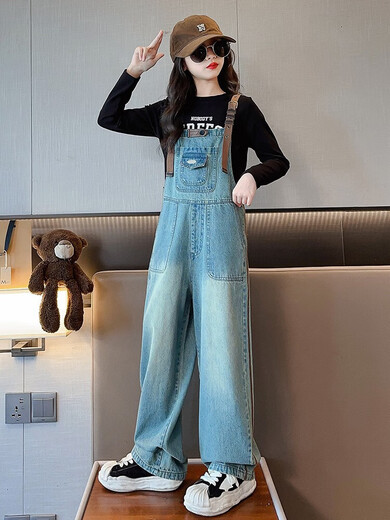 Jiaojing children's clothing girls denim overalls girls sports and casual long trousers spring and autumn clothes Korean loose trend retro overalls 120 size recommended height 105-115CM