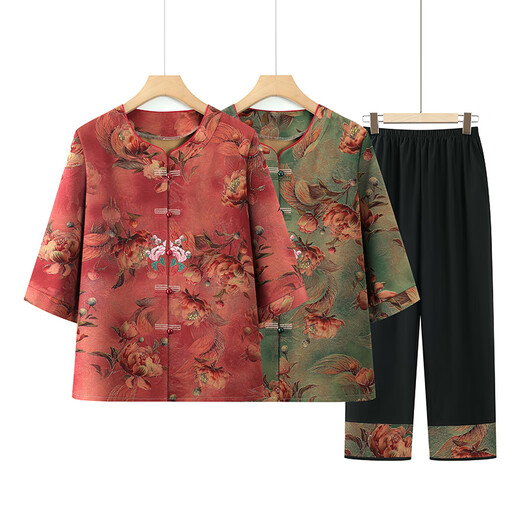 Ke Luchen, vêtements d'été pour les personnes âgées, costume de grand-mère féminine, t-shirt à manches courtes, vêtements âgés pour les mères d'âge moyen et âgées, femme en deux pièces en deux pièces 6626 rouge [ensemble] mince 2xl [recommandé 105-120 Jin [Jin est égal à 0,5 kg]]