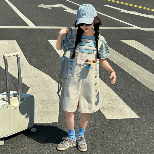 Disney Girls Summer Set 2025 Neue modische Kinder gestreiftes Kurzarm T-Shirt Girls Sommer Overalls Zweiteiler hellblauer Set 120 cm