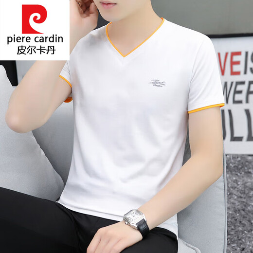 Pierre cardin knitted men's short-sleeved 2025 new pure cotton v chicken heart neck T-shirt for youth summer thin half-sleeved trendy top black QY691 M