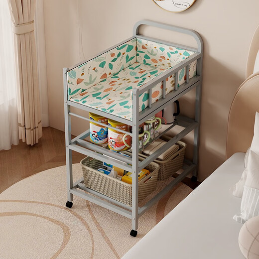 Diaper table baby care table multi-function full iron frame movable baby diapers newborn bathtub two-layer milk color nude diaper table