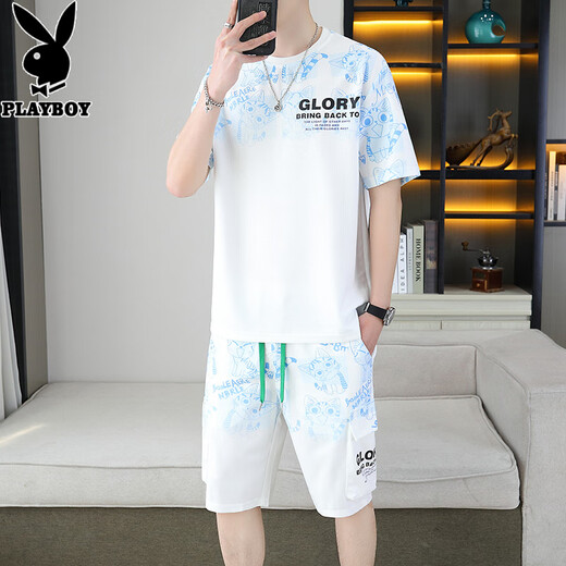 花花公子;PLAYBOY2025夏季新款渐变色短袖男装套装青年百搭短裤两件休闲运动套装男 6187蓝色 XL