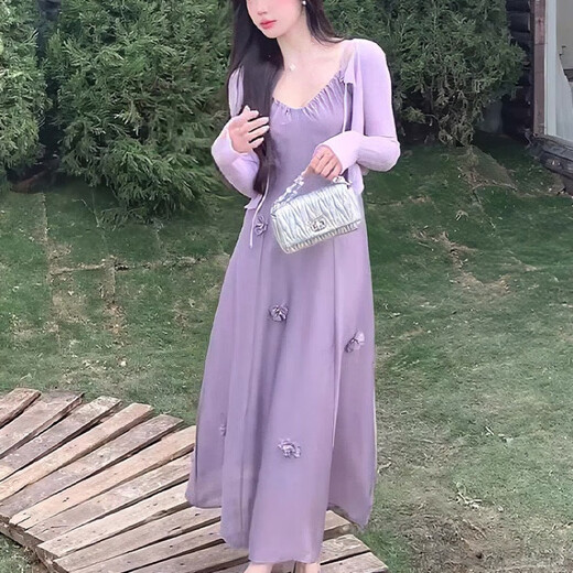 S.SOFEA法式立体花朵茶歇裙垂感褶皱宽松大摆长裙 紫色*724 S