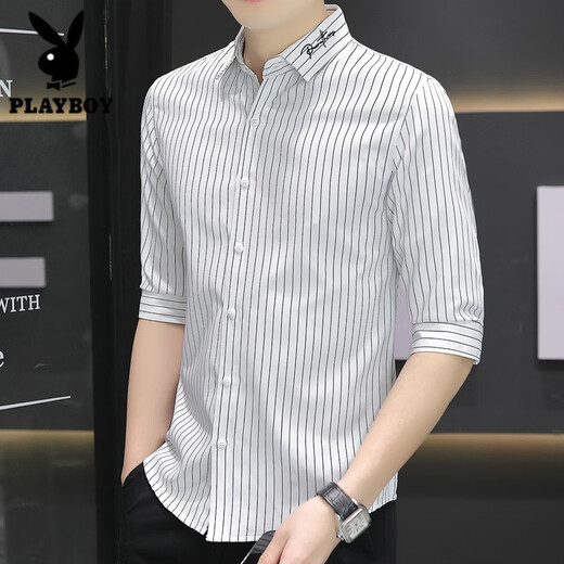 Playboy (PLAYBOY) 7-quarter sleeve shirt for men summer casual and versatile mid-sleeved vertical striped shirt trendy handsome short-sleeved slim-fitting inch shirt 682 gray XL 120-133Jin [Jin equals 0.5 kg]