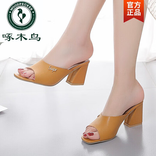 Woodpecker wears versatile sandals for women with high heels 2025 summer new thick heel fish-mouth sandals mid-heel temperament flip-flops yellow 35