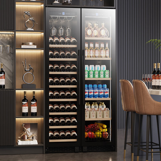 BAIKAILUN double-door double-temperature wine cabinet, door-to-door thermostatic wine cabinet, ice bar, wine cabinet, home living room refrigerator, office tea beverage display cabinet, wine and fruit preservation refrigerator, 1.64 meters | dual temperature | combination cabinet | red wine + ice bar 376L thin section