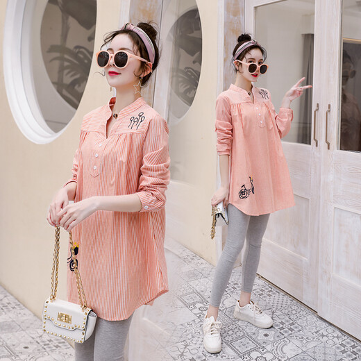 Maternity wear, spring and autumn shirts, long-sleeved shirts, mid-length autumn maternity wear, pure cotton two-piece striped tops for women, blue tops, long sleeves, L recommended 120-140 Jin Jin equals 0.5 kg