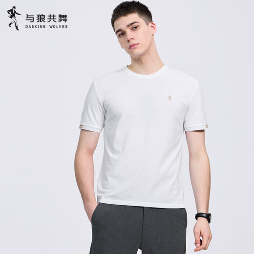 与狼共舞【含桑蚕丝】圆领短袖T恤男2025夏季新款刺绣凉感透气打底短t6623 本白803 S (165)
