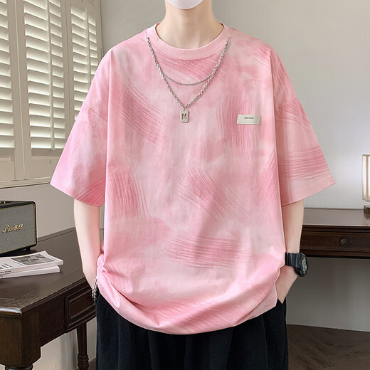 Zhishengji Tie-dye Camiseta de manga corta para hombres de manga rotadora americana de verano para hombres Camiseta suelta para adolescentes Color de gradiente Cuello redondo Top 9201 Rosa L (aproximadamente 80 ~ 100 Jin [Jin equivale a 0.5 kg] se puede usar)
