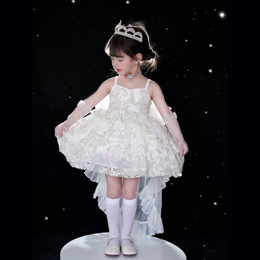FANCYCHIC Girls Music Box Princess Dress Lolita Wedding Dress with Tail Birthday Dress Zhao Lusi Same Style Children's Dress Music Box White Suspender Dress + Trail + Crown 130