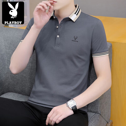 Playboy (Playboy) Été pour hommes à manches courtes Polo Polo Youth Youth Casual Half-Marseved Imprimé T-shirt Men's Coll's Top Top Black Qy679 XL
