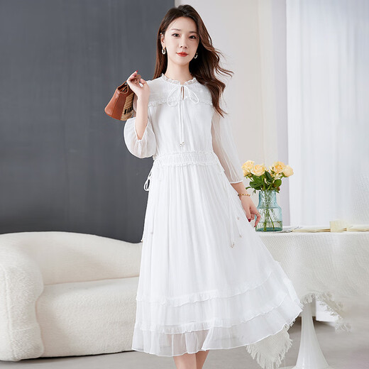 Tinte und Wash Beauty [Seidenholzohren] Zhongdashu Sommer plissierter Maulbeer-Seidenkleid für Frauen, schlanker Rock mit mittlerer Länge 9272 Weiß L (115-125jin [Jin ist gleich 0,5 kg])