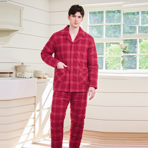 American Standard gift couple's pajamas for women, thickened and warm, three-layer quilted, can be worn outside, red plaid suit, home clothes, cherry red (men) L