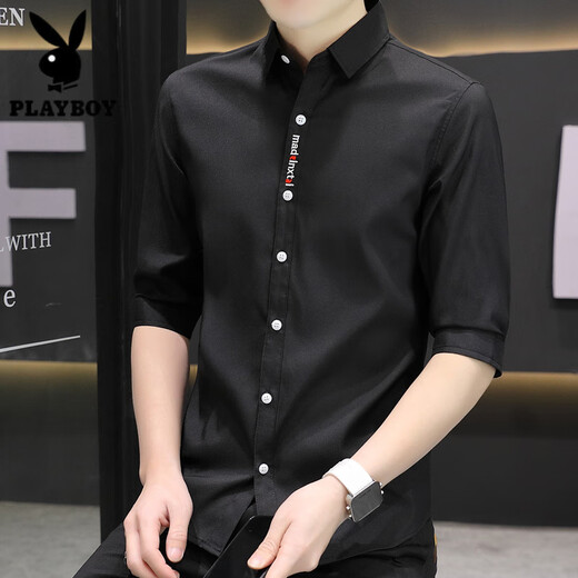 
Playboy (PLAYBOY) shirt men's short-sleeved ice silk Korean version men's casual five-point sleeve shirt trendy handsome summer mid-sleeved solid color inch clothes 682 black 2XL 134-146Jin [Jin equals 0.5 kg]