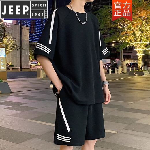 JEEP SPIRIT2025 new sports suit men's summer thin loose ice silk short-sleeved T-shirt men's shorts paired with two-piece set FKS653 white suit M about 90-110Jin [Jin equals 0.5 kg] can be worn
